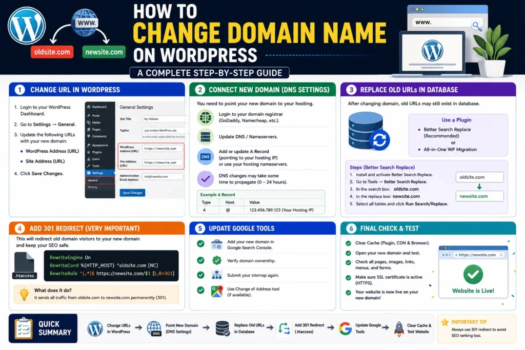 how to change domain name on WordPress