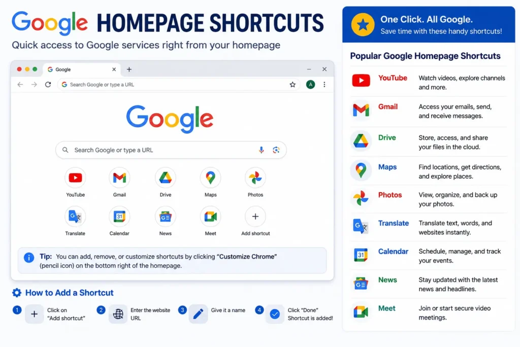 google homepage shortcuts