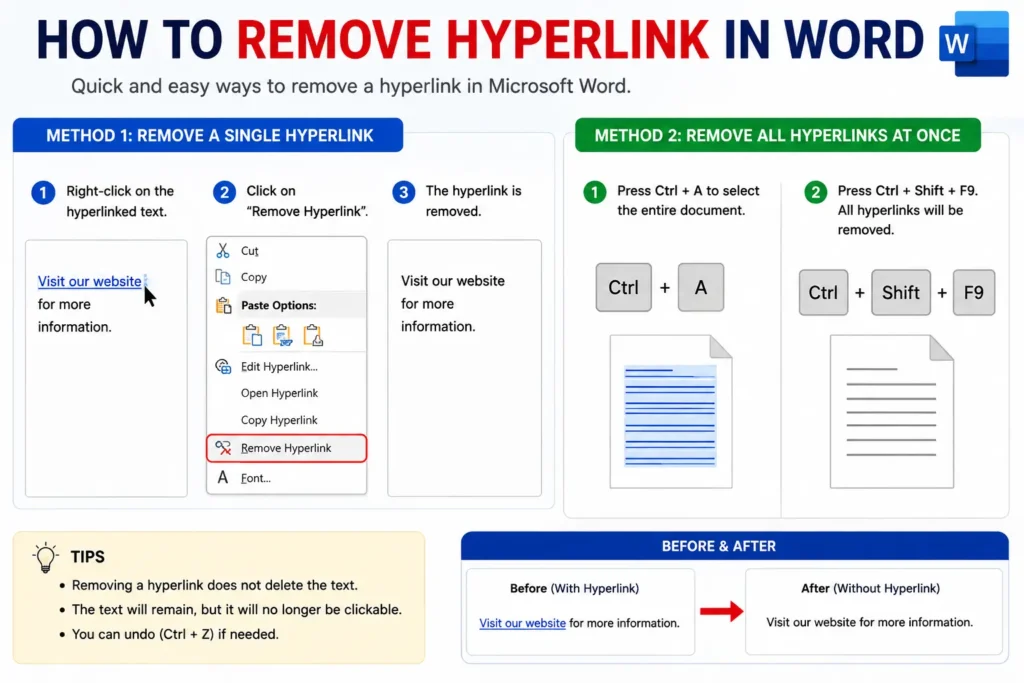 how to remove hyperlink in word